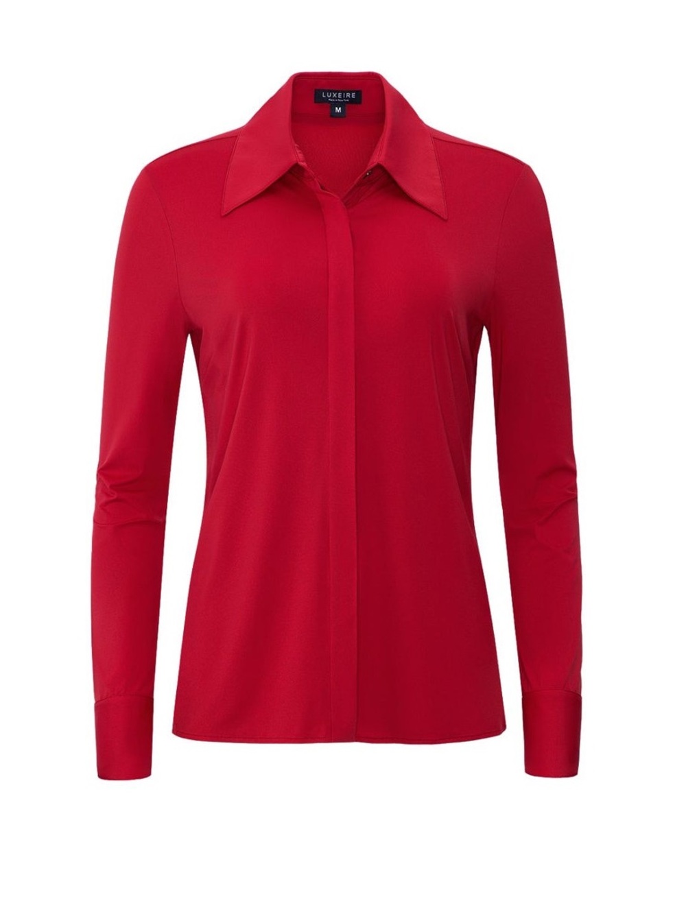 NEW LUXEIRE Classic Button Up Fitted High Stretch  $234 Ruby Red LS Collared